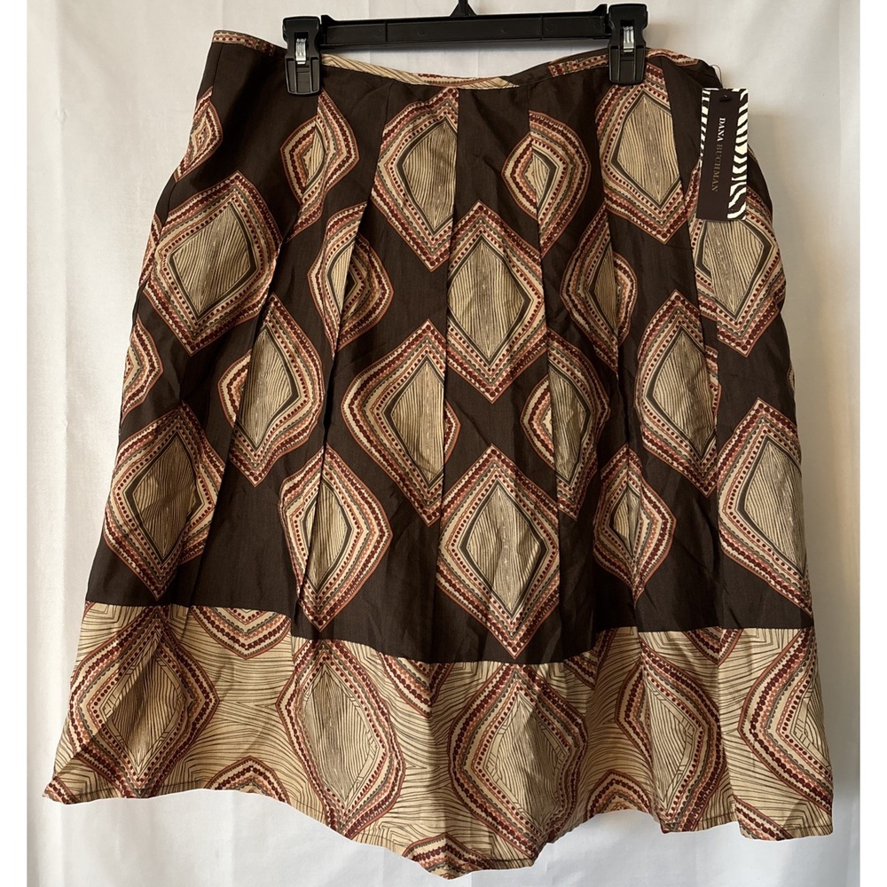 Dana Buchman Brown Geometric Boho A-line MIDI Skirt Size 16 Side Zip
